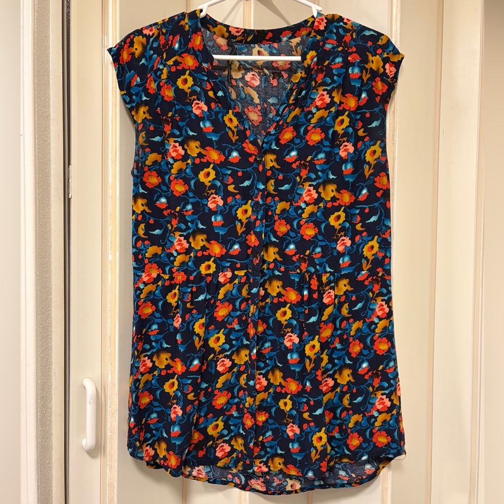 ModCloth Fun 2 Fun Floral Blouse - Blue and Yellow